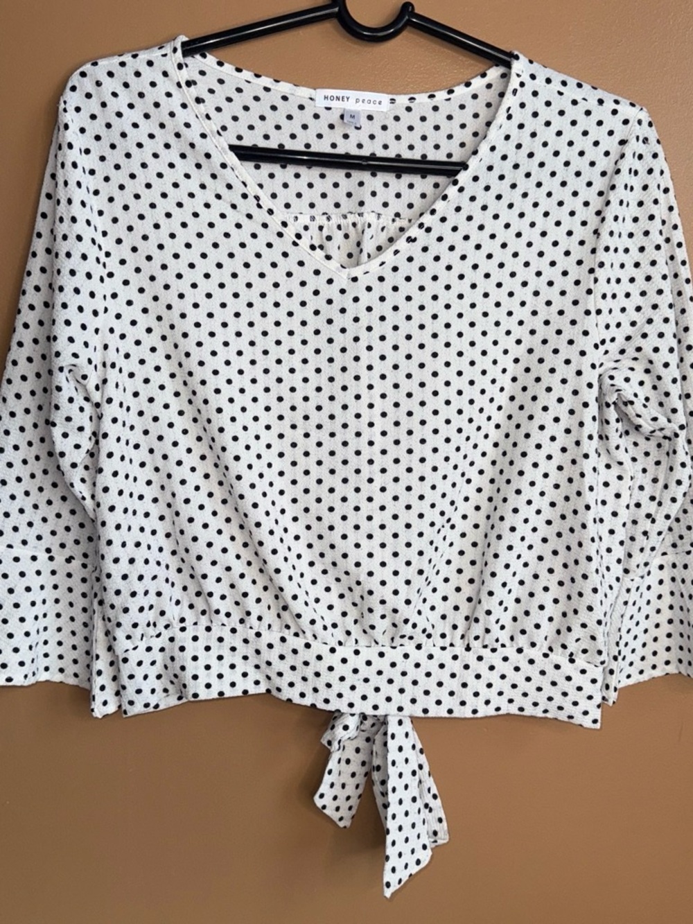 Honey Peace White Polka Dot V-Neck Tie-Waist Blouse